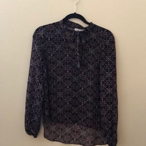 sheer purple patterned long-sleeve blouse
